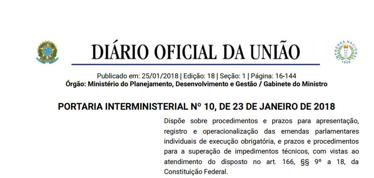 You are currently viewing PUBLICADA PORTARIA QUE TRAZ CALENDÁRIO PARA EXECUÇÃO DE EMENDAS PARLAMENTARES 2018